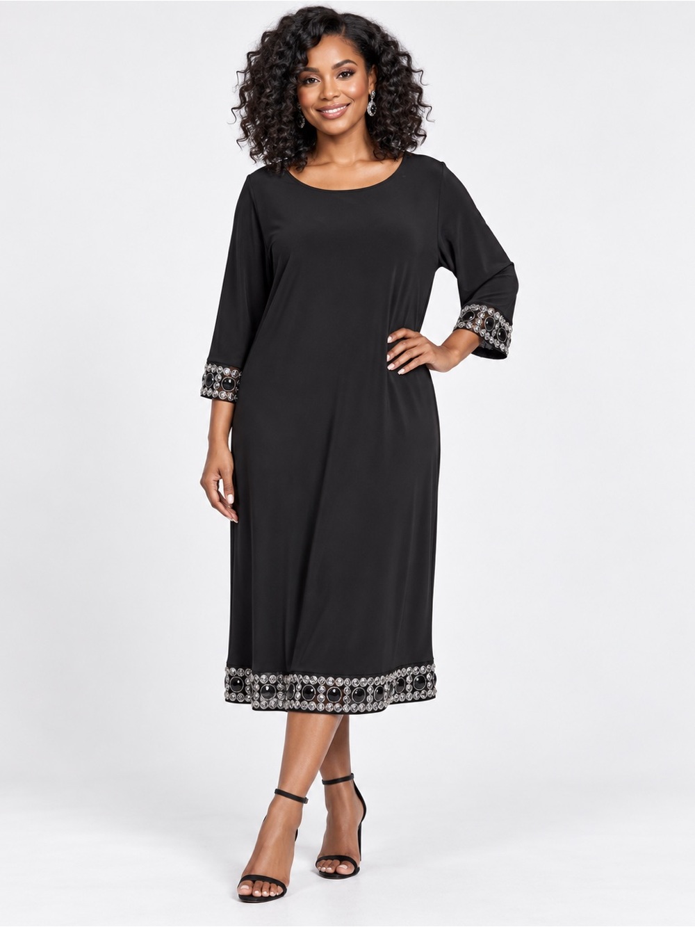 Tiana B. Black Midi Dress with Jeweled Hem & Cuff Detail